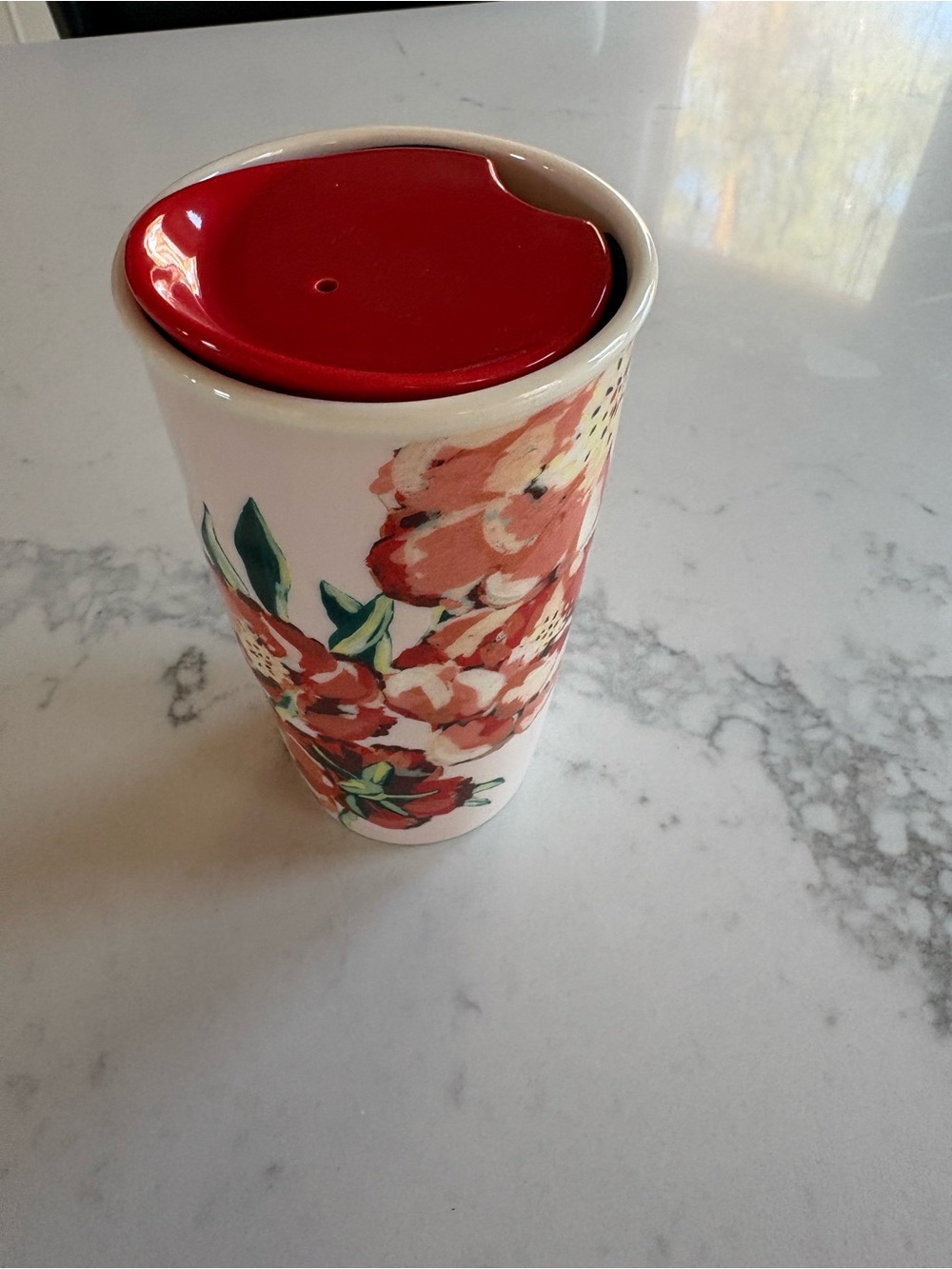 Vintage Starbucks Floral Ceramic Travel Mug with Red Lid and Pink/Green Artwork